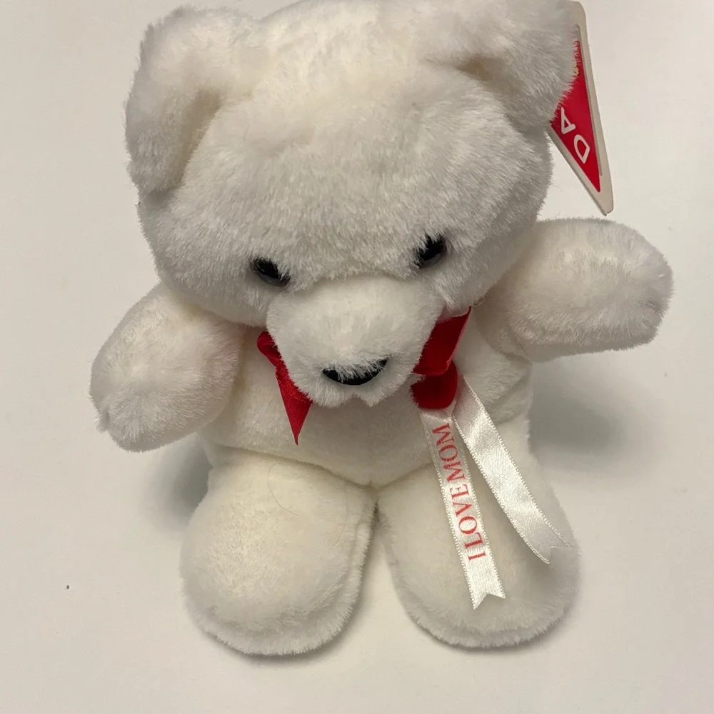 Adorable I LOVE MOM White Plush Bear with Red Bow